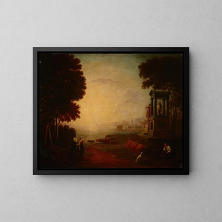 Landscape with a maritime bay and old buildings - Jan Wołowski — framed artwork on a wall