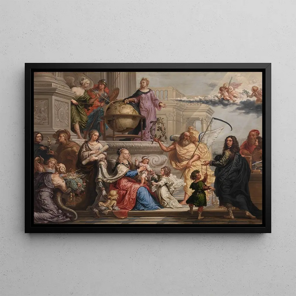 Allegorical Adoration of the Birth of a Prince - Jan Ykens — framed artwork on a wall