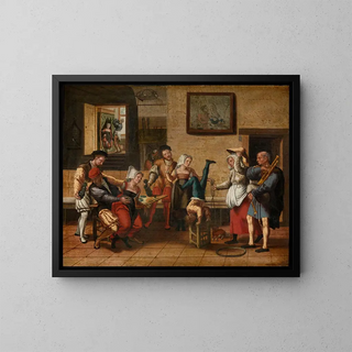 Tavern Scene Painting - Jan van Amstel — framed artwork on a wall