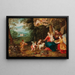 The Holy Family with the Child Saint John and angels in a wooded landscape with a castle surrounded by moats in the background - Jan van Balen — framed artwork on a wall
