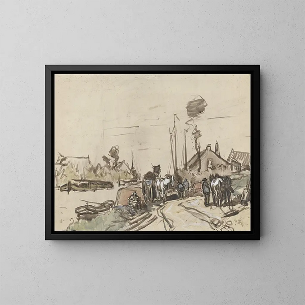 The unloading of carts by a canal - Jan van Essen — framed artwork on a wall