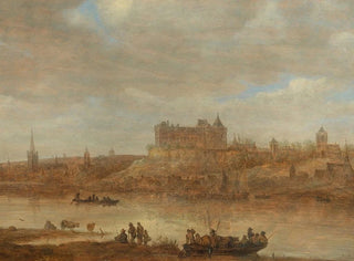a river landscape with a ferry and a castle beyond a town - Jan van Goyen — artwork view
