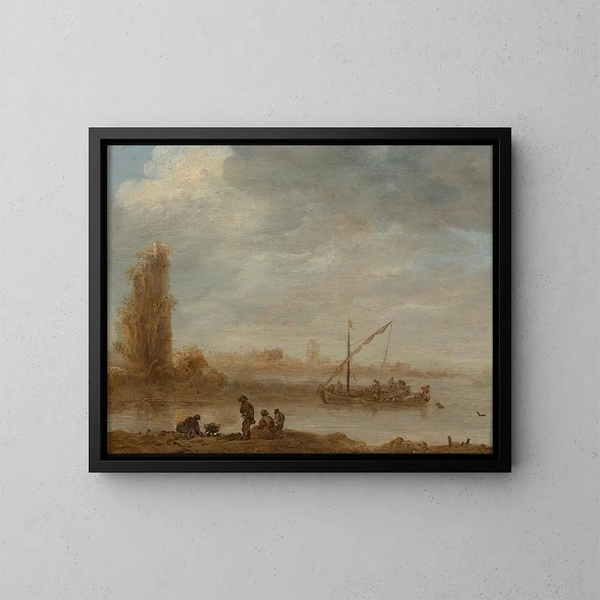 a river landscape with the ruins of Merwede - Jan van Goyen — framed artwork on a wall