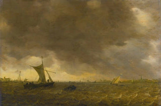 Scene of Estuary with the Arrival of a Gale and Weyschuits Lowering Their Sails - Jan van Goyen — artwork view