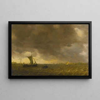 Scene of Estuary with the Arrival of a Gale and Weyschuits Lowering Their Sails - Jan van Goyen — framed artwork on a wall