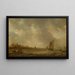 a estuary with fisherman, ships, and a church on the left - Jan van Goyen — framed artwork on a wall