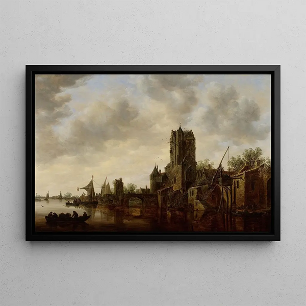 River landscape painting with the Pellecussen gate near Utrecht - Jan van Goyen — framed artwork on a wall