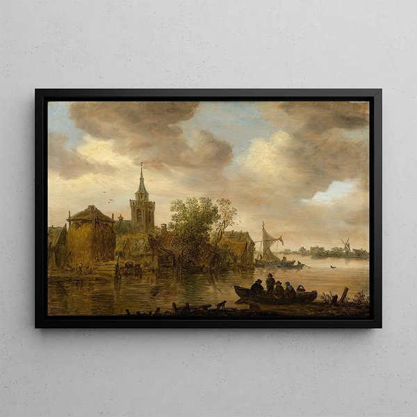 View of a River with Church and Farm - Jan van Goyen — framed artwork on a wall