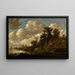 River landscape painting with farms and dovecote on a high bank - Jan van Goyen — framed artwork on a wall