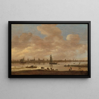 View of an imaginary city on the other side of a river with the Saint-Pol tower in Vianen - Jan van Goyen — framed artwork on a wall