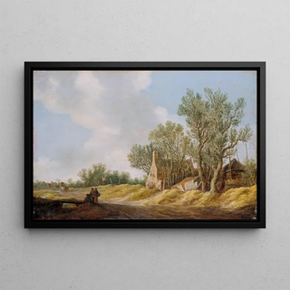 Village Street with People Resting at a Bridge - Jan van Goyen — framed artwork on a wall