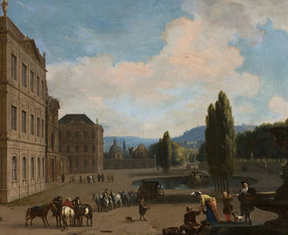 a court courtyard with a fountain, a car, and people - Jan van Huchtenburg — artwork view
