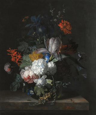 Jan van Huysum - A Still Life With Hydrangea Convolvulus Polyanthus Peonies Auricula Carnation Tulips Snowballs And Other Flowers In A Glass Vase.webp