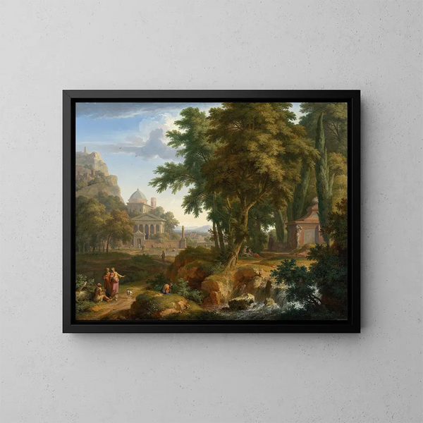 Landscape painting with Saints Peter and John healing the paralytic - Jan van Huysum — framed artwork on a wall