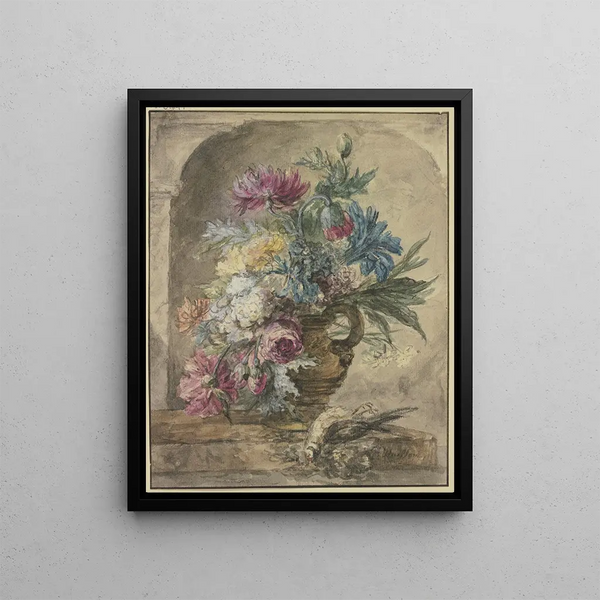 Bouquet of Flowers Including a Dead Bird - Jan van Huysum — framed artwork on a wall