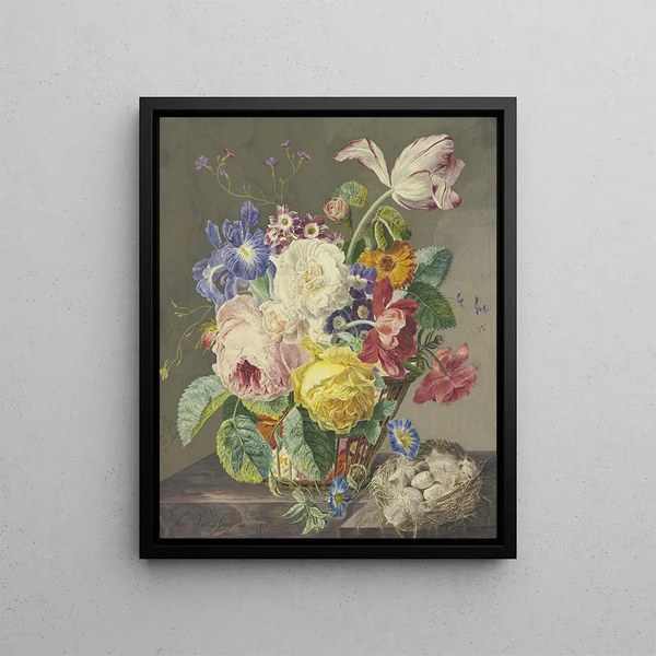 Flower Still Life with Bird's Eggs - Jan van Huysum — framed artwork on a wall