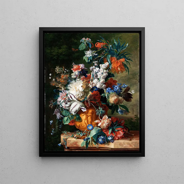Bouquet de fleurs dans une urne - Jan van Huysum — framed artwork on a wall