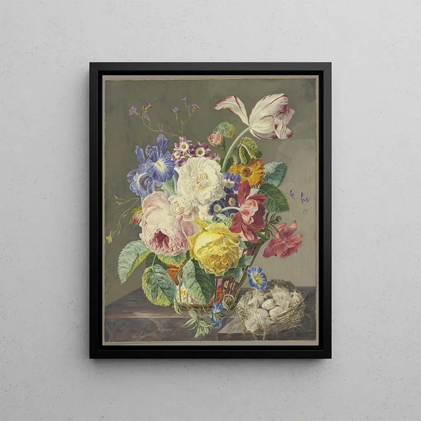 Flower painting in a woven basket and a bird's nest - Jan van Huysum — framed artwork on a wall