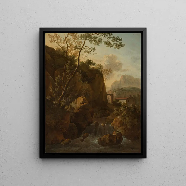 Landscape painting of rocky Italian scenery with mountain stream and chapel - Jan van Huysum — framed artwork on a wall