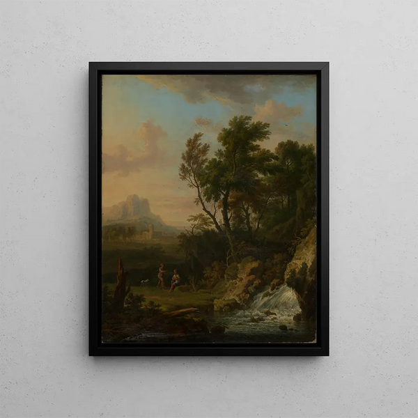 Italian landscape painting with waterfall and resting shepherds - Jan van Huysum — framed artwork on a wall