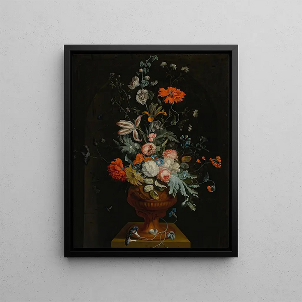 Flower Still Life in a Clay Vase Before a Stone Niche - Jan van Huysum — framed artwork on a wall