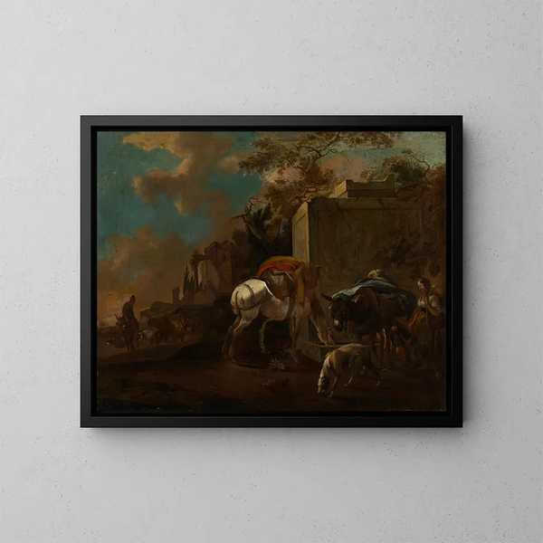 Italian landscape painting with peasants and livestock near a well - Jan van Ossenbeeck — framed artwork on a wall