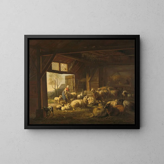 Sheep and goats in a barn - Jan van Ravenswaay — framed artwork on a wall