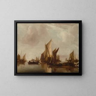a State yacht and other boats in calm waters - Jan van de Cappelle — framed artwork on a wall