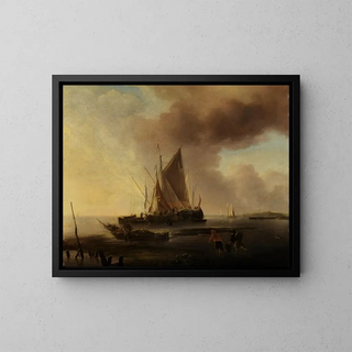 Bateaux de pêche sur la plage - Jan van de Cappelle — framed artwork on a wall