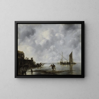 Bateaux de pêche dans un calme - Jan van de Cappelle — framed artwork on a wall