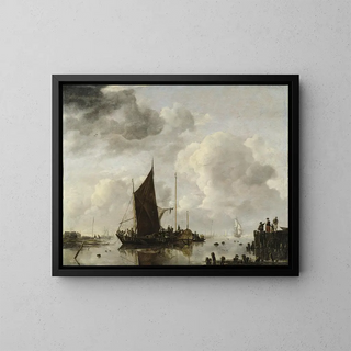 Scene of port with reflecting water - Jan van de Cappelle — framed artwork on a wall