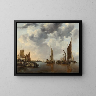 Marine painting with ships - Jan van de Cappelle — framed artwork on a wall