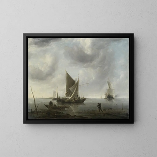 Boats at anchor on a calm sea - Jan van de Cappelle — framed artwork on a wall