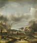 Winter landscape painting with a man repairing a sled by the edge of an icy river - Jan van de Cappelle — artwork view
