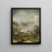 Winter landscape painting with a man repairing a sled by the edge of an icy river - Jan van de Cappelle — framed artwork on a wall