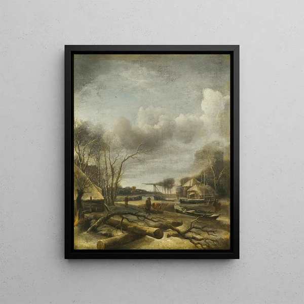 Winter landscape painting with a man repairing a sled by the edge of an icy river - Jan van de Cappelle — framed artwork on a wall