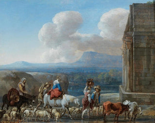 Bergers and travelers near an triumphal arch in the Roman countryside - Jan van den Hecke — artwork view