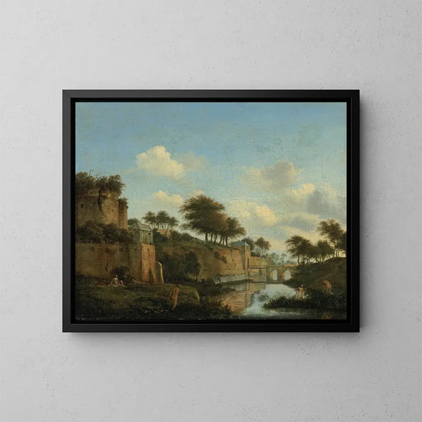 a fortified city with bathing figures - Jan van der Heyden — framed artwork on a wall