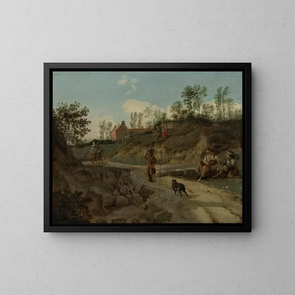 a rural landscape with figures in conversation - Jan van der Heyden — framed artwork on a wall