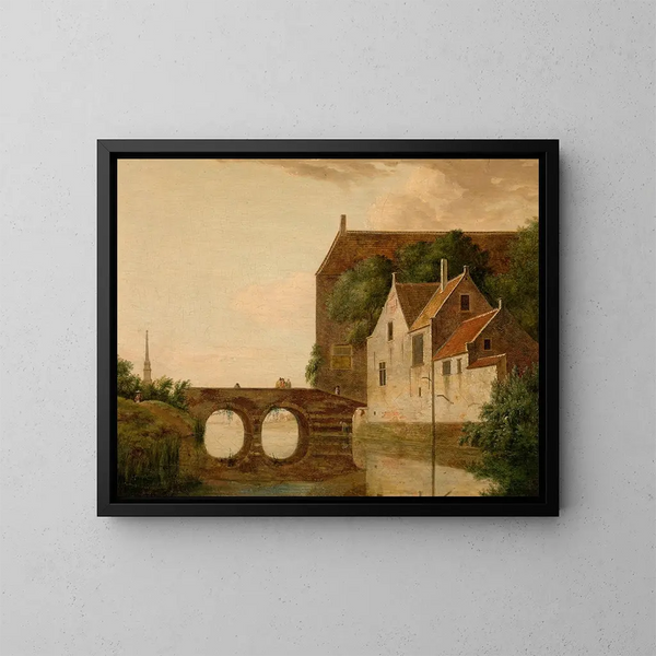 Bridge over a River - Jan van der Heyden — framed artwork on a wall