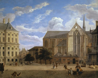 The Dam in Amsterdam towards the City Hall and the Nieuwe Kerk - Jan van der Heyden — artwork view
