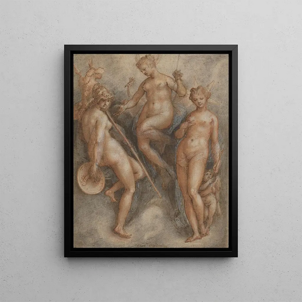Three Goddesses: Minerva, Juno and Venus - Jan van der Straet — framed artwork on a wall