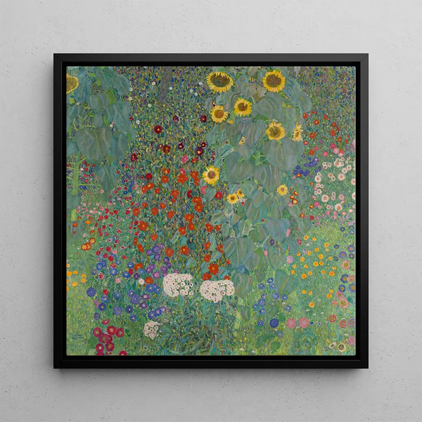 Garden of Farmers with Sunflowers - Gustav Klimt — framed artwork on a wall