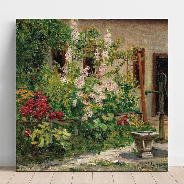 Reproduction of the painting Garden scene with flowering hollyhocks - Marie Egner