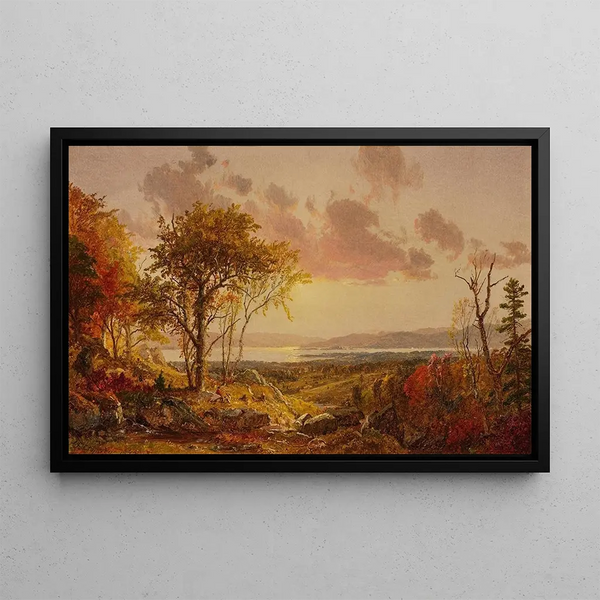 the distant view of the Hudson River in autumn - Jasper Francis Cropsey — framed artwork on a wall