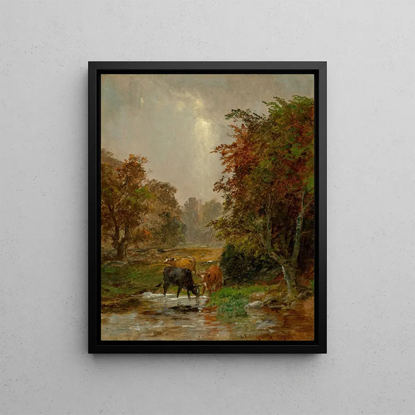 Bétail au bord d'un ruisseau - Jasper Francis Cropsey — framed artwork on a wall
