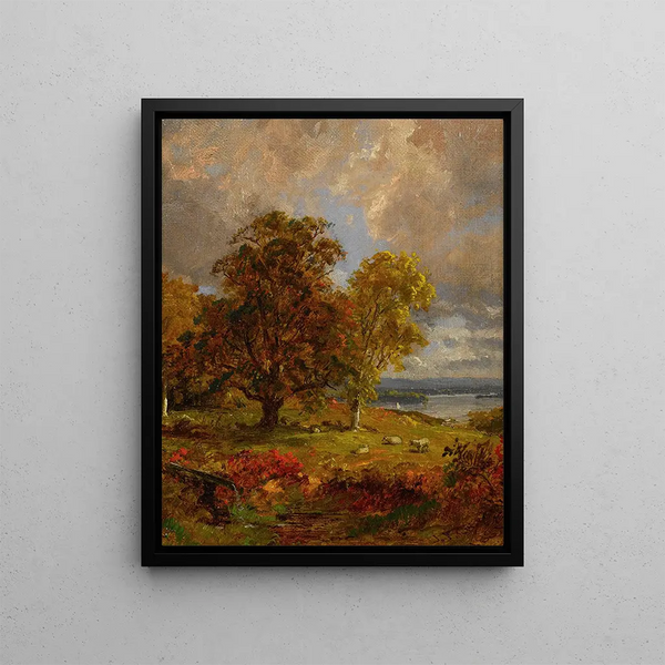 Landscape painting with trees and sheep near a grove - Jasper Francis Cropsey — framed artwork on a wall