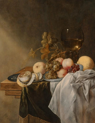 Jasper Geeraerts - A bowl of peaches and grapes with a roemer and a peeled lemon.webp