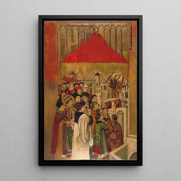 Apparition de Saint Michel au château Saint-Ange - Jaume Huguet — framed artwork on a wall