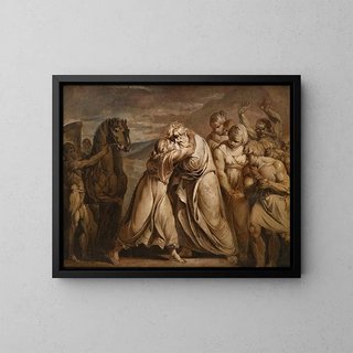 Joseph retrouvant son père Jacob dans le désert à la frontière de l'Égypte - Jean-Antoine Julien — framed artwork on a wall